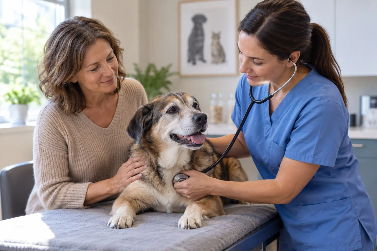 Veterinary professional listening to a dog’s chest beside its owner
